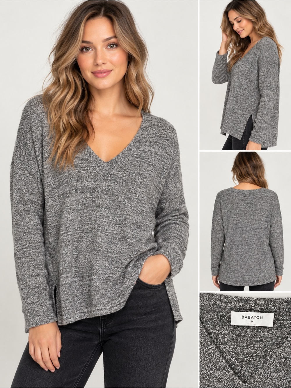 Aritzia Babaton Erin Wool Linen V-Neck Sweater Grey M